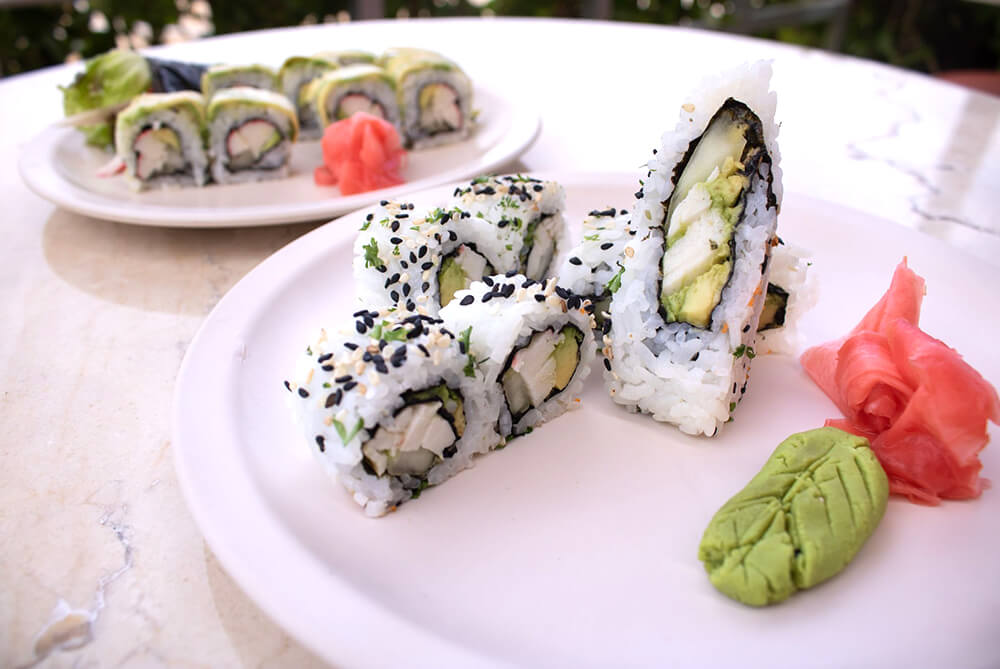 sushi roll with avocado and crab